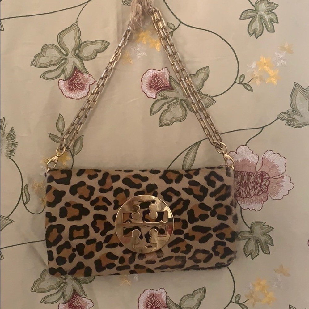 Tory Burch Leopard Calf-hair Handbag w/ Gold Chain
